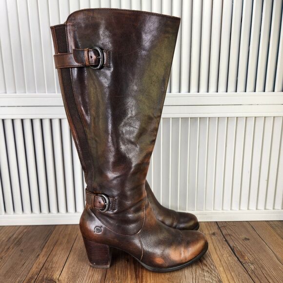 Born Mallory Tall Riding Boots Womens 9M Brown Distressed Leather Full Zip Heels - Picture 1 of 16